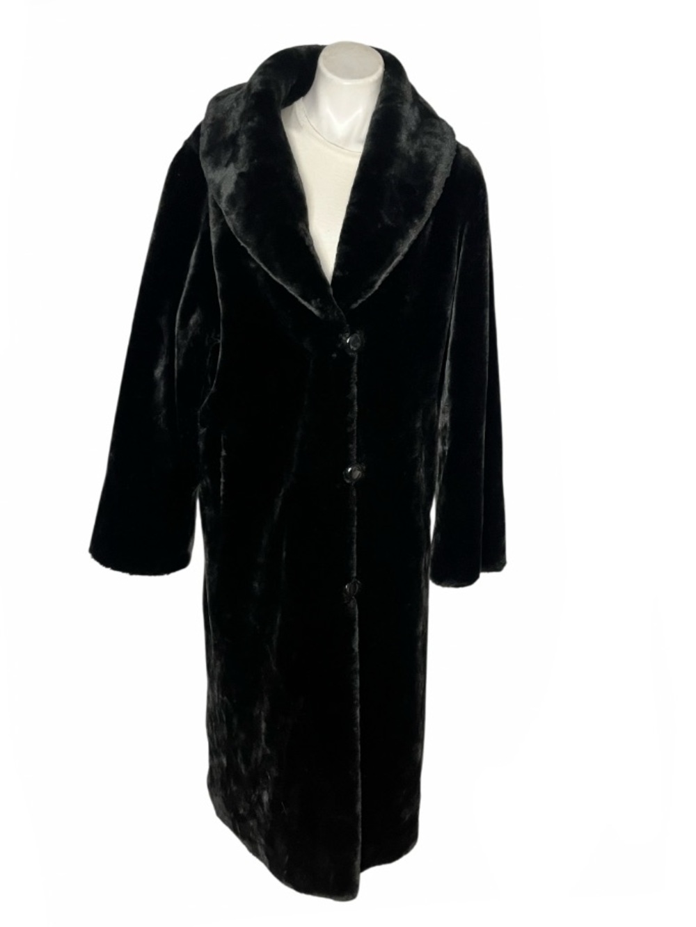 KARIN CHARLES Reversible Black Plush Faux Fur Long Trench Coat Duster Size Small